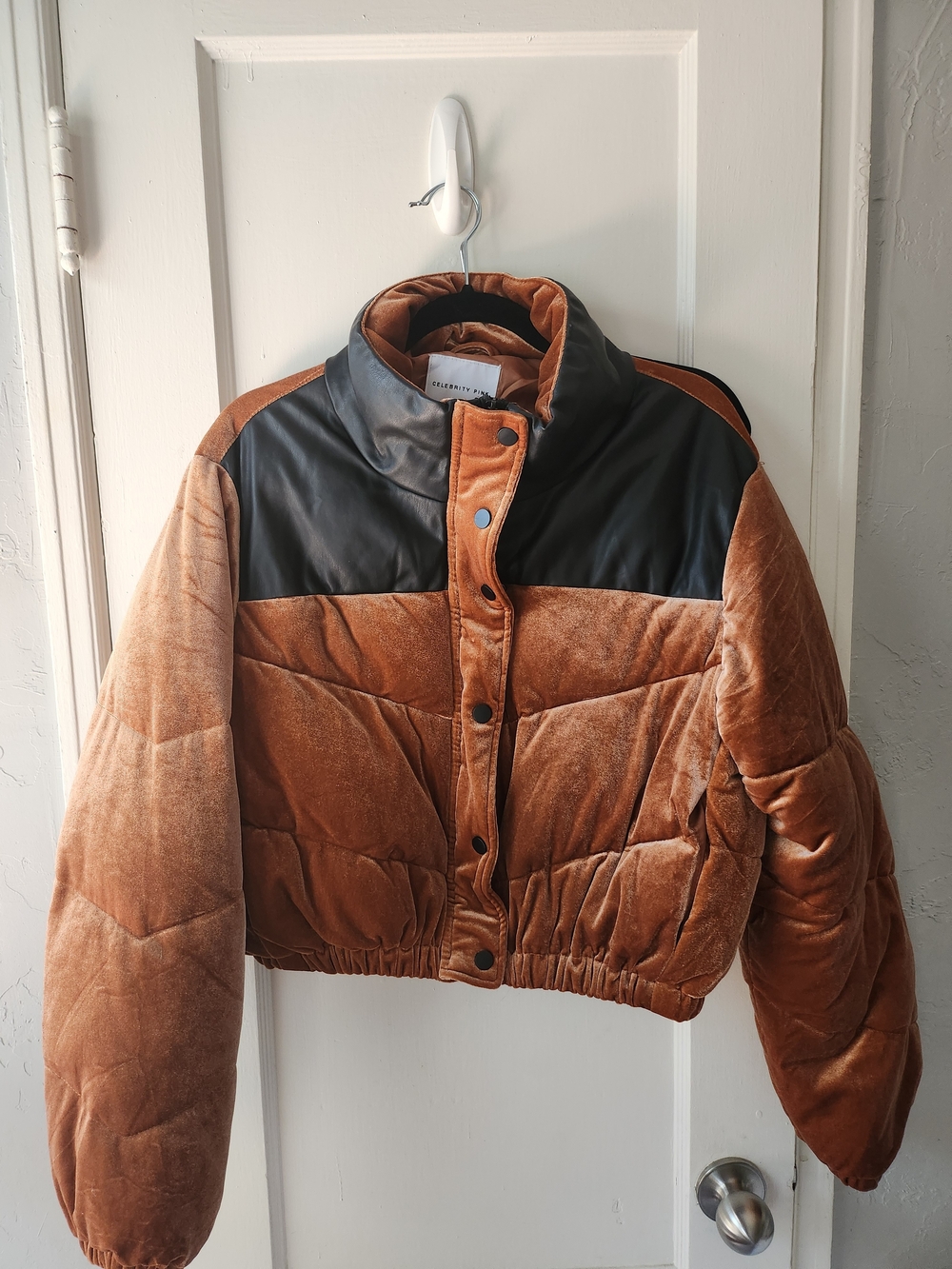 Celebrity Pink Copper Velvet Puffer with Black Yoke